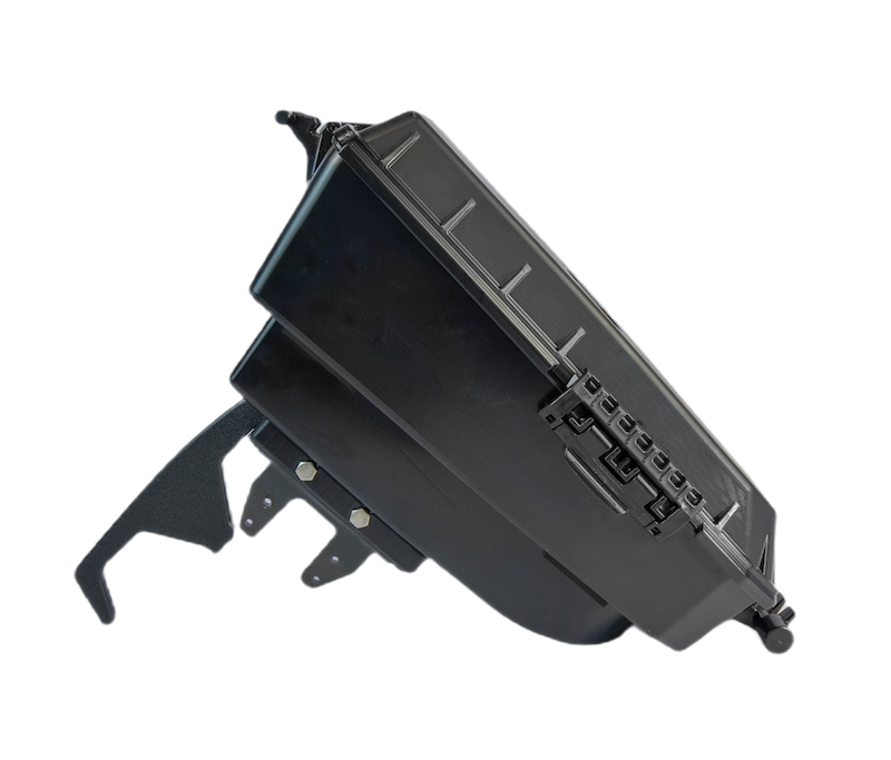 Black Pod Adapter with a latch, mounted on a black curved bracket.