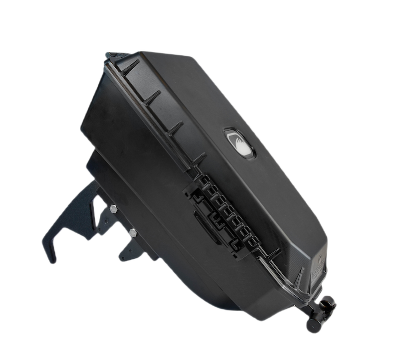 Black Pod Adapter box with a recessed top and white circular element, mounted on a black curved bracket.