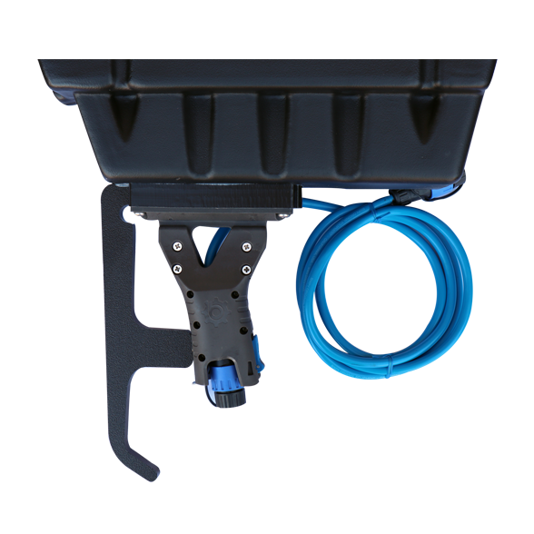 Bottom view of Feelfree Pod Adapter for Bixpy J-1 Motors with blue waterproof cable and custom bracket mounted to Feelfree kayak pod.