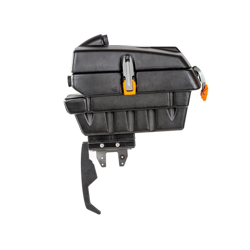 Black Feel Free Pod with an orange latch, mounted on a black curved adapter bracket, on a white background.