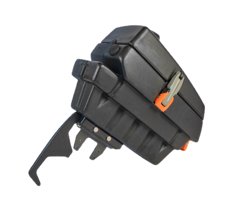 Black Feelfree Pod Adapter with an orange latch and curved mounting bracket, cutout image.