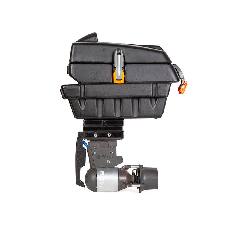 Bixpy Jet electric motor attached to a black Feelfree Pod Adapter with an orange latch, on a white background.