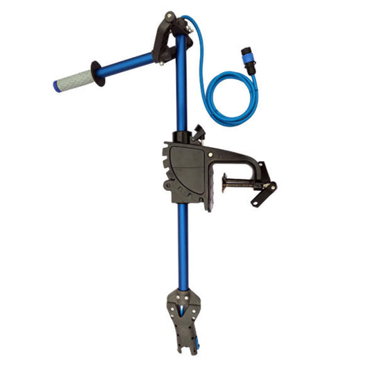 Bixpy Universal Kayak and Canoe Tiller Steering Adapter, featuring a blue aluminum shaft with grip handle, motor clamp mount, and power cable.