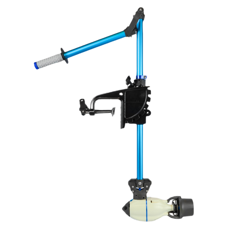 Complete Bixpy Jet electric motor system with white motor attached to a blue and black universal transom mount with steering handle.