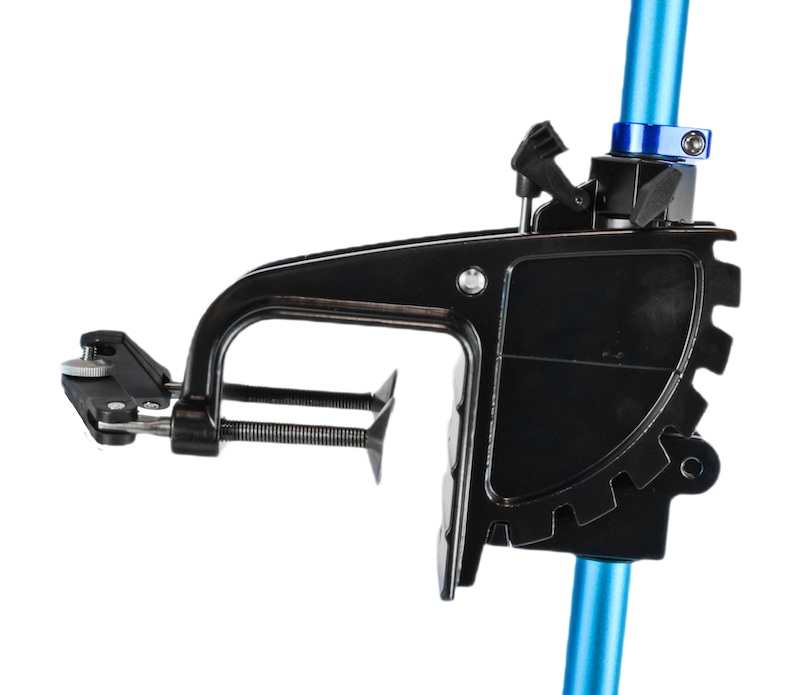 Close-up of the black clamping mechanism of a Bixpy universal transom mount attached to its blue vertical shaft.