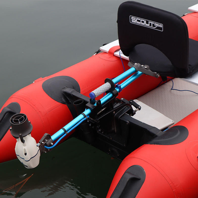 White Bixpy Jet electric motor mounted on a blue and black universal transom mount at the stern of a red inflatable pontoon boat.