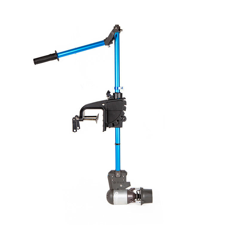 Complete Bixpy Jet electric motor system featuring a white Bixpy Jet motor attached to a blue and black universal transom mount with a steering handle.