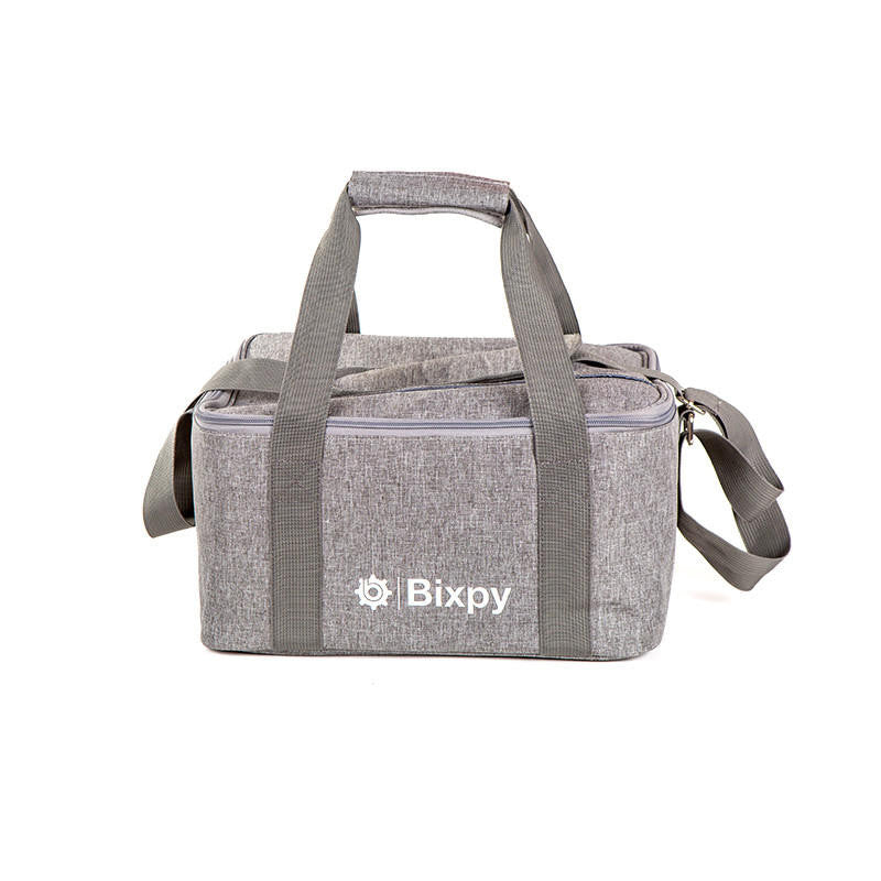 Gray Bixpy Travel Bag with side pockets and shoulder strap, shown on white background.