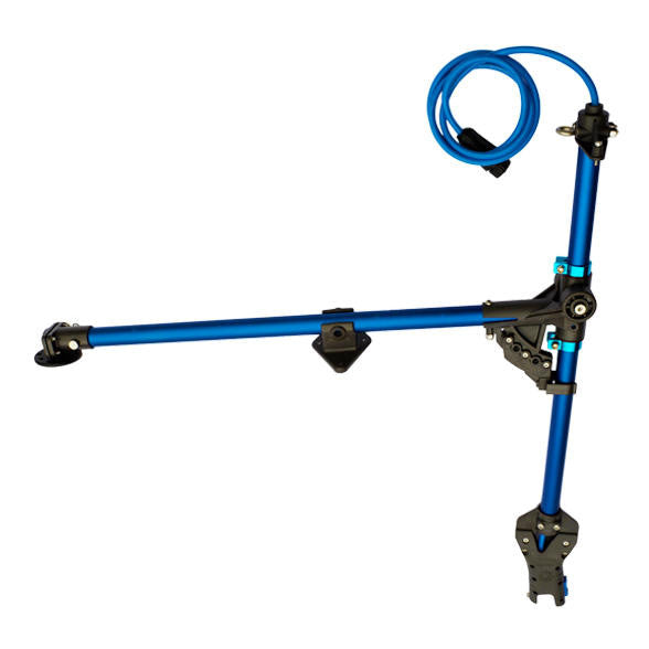 Bixpy Universal Kayak Adapter for J-1 Motors, featuring a blue aluminum frame with adjustable mounting arms, motor attachment point, and coiled blue power cable for versatile kayak installation.