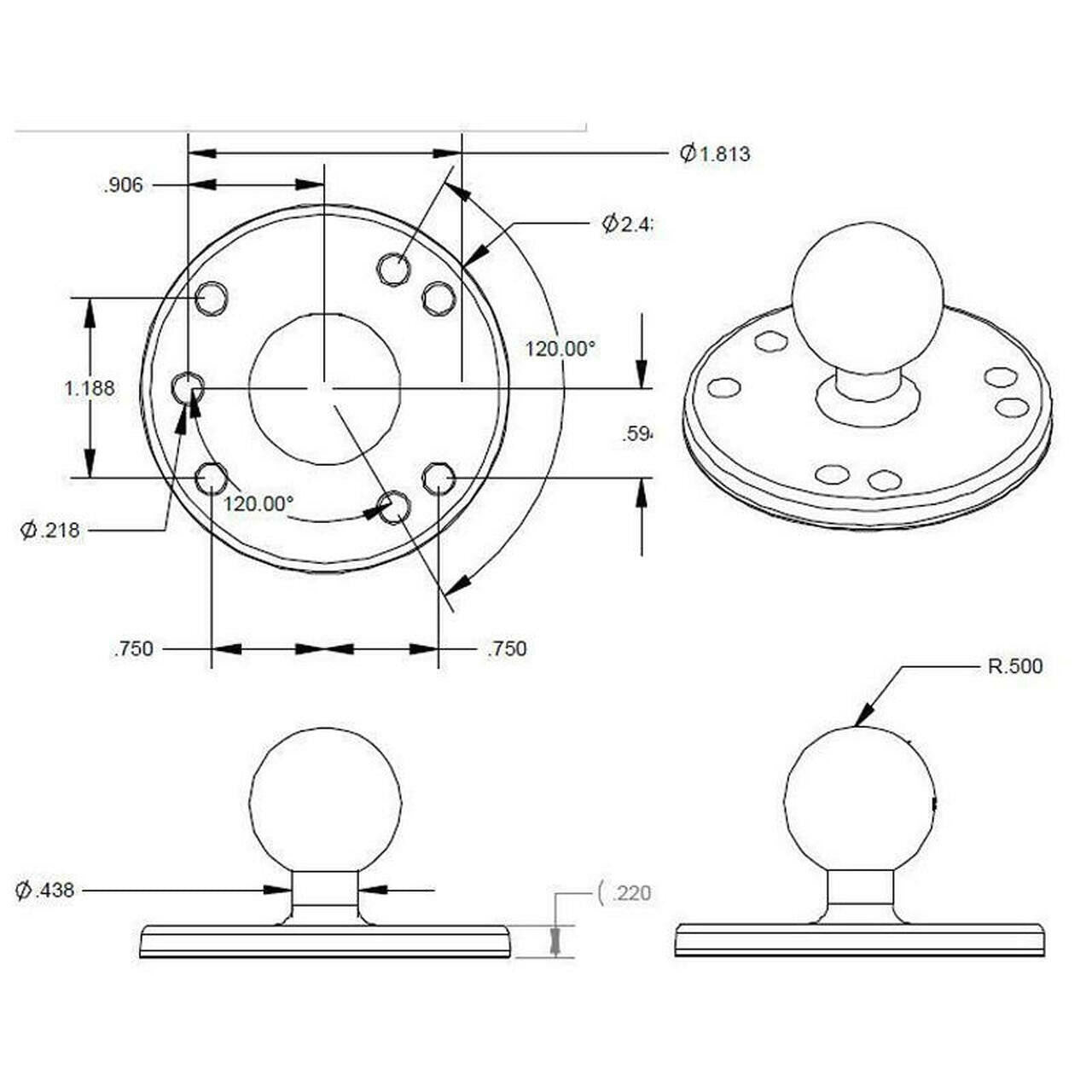 Technical drawing of a mounting ball base with detailed measurements, showing top, side, and perspective views, including hole spacing, diameters, and radius specifications for installation compatibility.