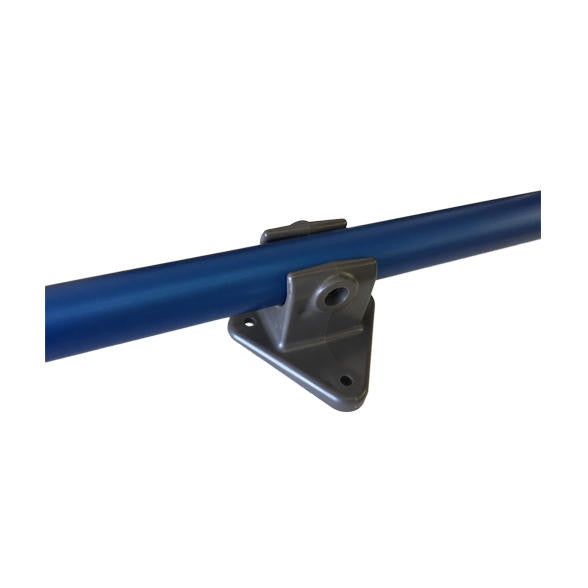 Close-up of a Bixpy aluminum support bar with a triangular mounting bracket, used for securing the Universal Kayak Adapter to a watercraft.