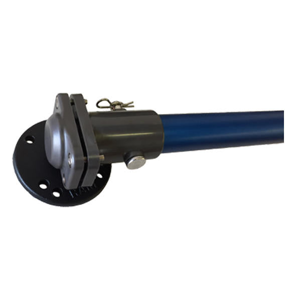 Close-up of a Bixpy Universal Kayak Adapter's rotating mount, showing the circular base plate with multiple screw holes and a blue aluminum steering tube secured with a locking pin.