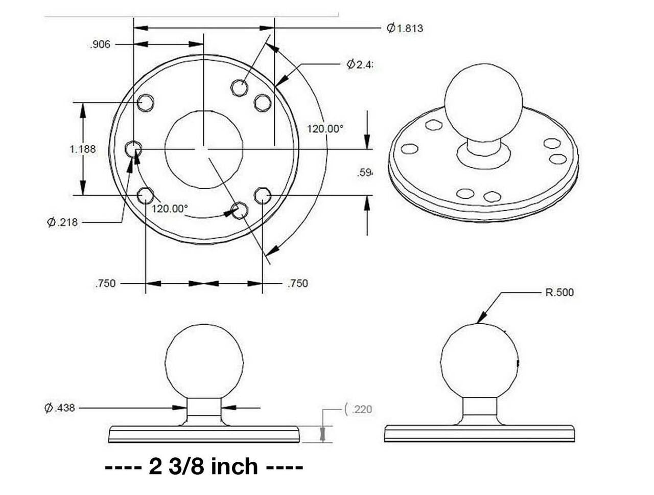Technical drawing of a ball mount component with multiple views and precise dimensions, including 2 3/8 inch length.