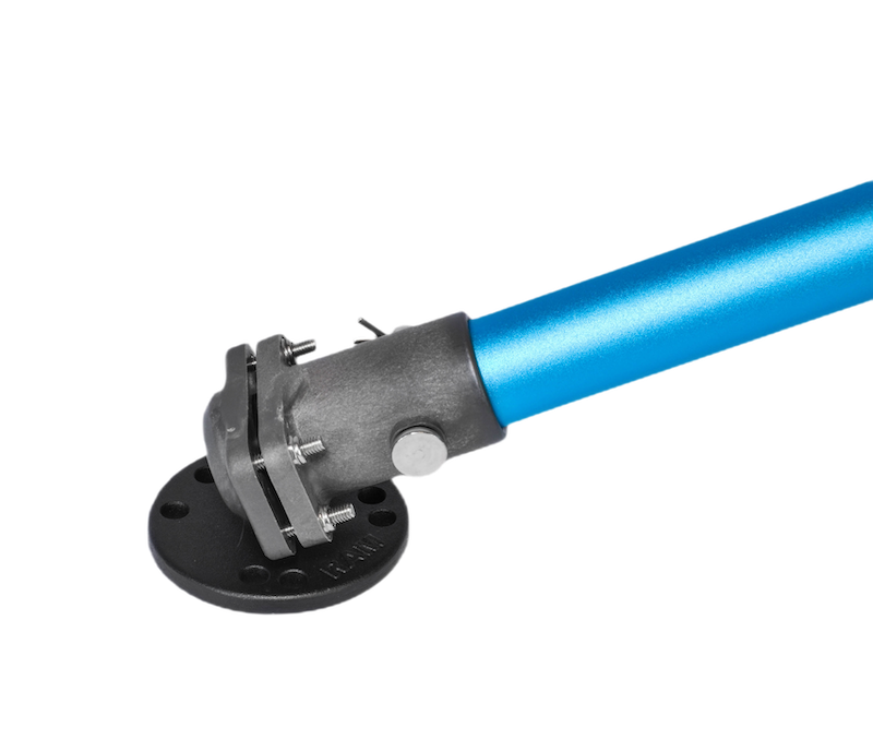 Close-up of the mounting end of a blue Bixpy Universal Kayak Adapter pole, showing its black circular base plate and connection hardware.