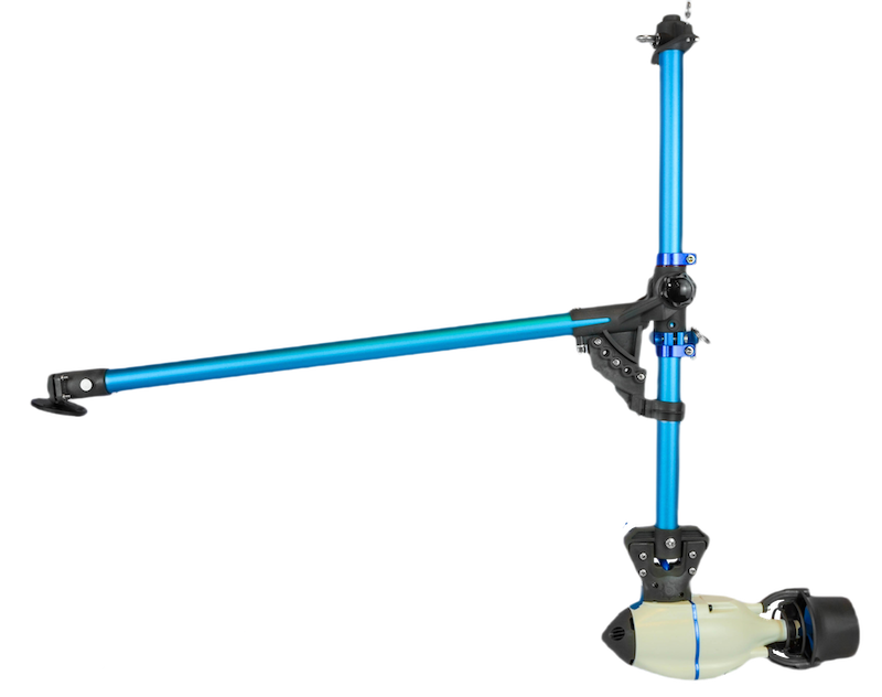 Complete Bixpy Universal Kayak Adapter system with a white Bixpy Jet electric motor attached to its blue poles and black brackets.