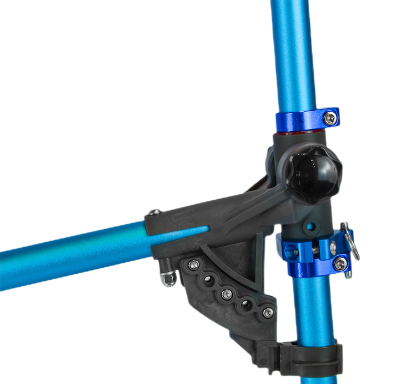 Close-up of the central adjustable joint of a blue Bixpy Universal Kayak Adapter, showing its blue poles and black clamping hardware.