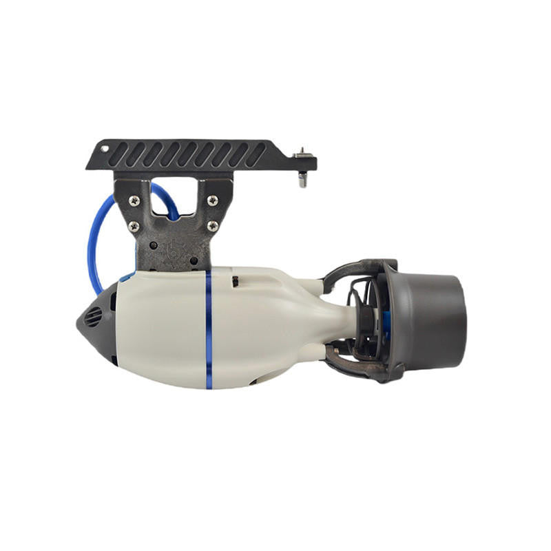 White Bixpy Jet electric motor with blue cable connected to a dark grey mounting adapter on a white background.