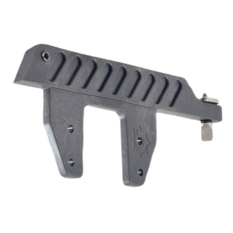 Dark grey Bixpy mounting adapter with ridged top bar and bolt, on a white background.