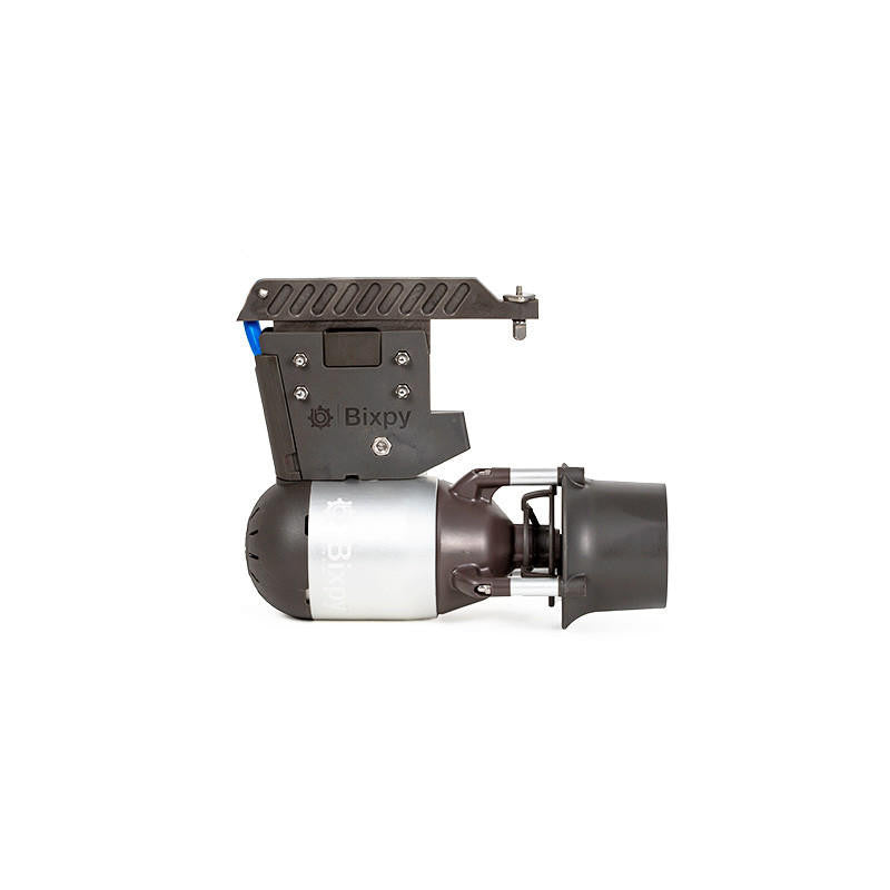 Bixpy Jet electric motor attached to a dark grey mounting adapter on a white background.