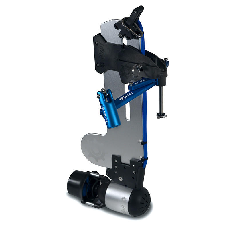 Bixpy Jet electric motor mounted on a light gray rudder adapter with a blue vertical shaft and black clamping mechanisms, on a white background.