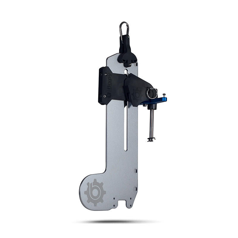 Long gray Bixpy rudder mounting adapter with black clamp and blue adjustment ring, designed for vertical installation of a motor on watercraft.