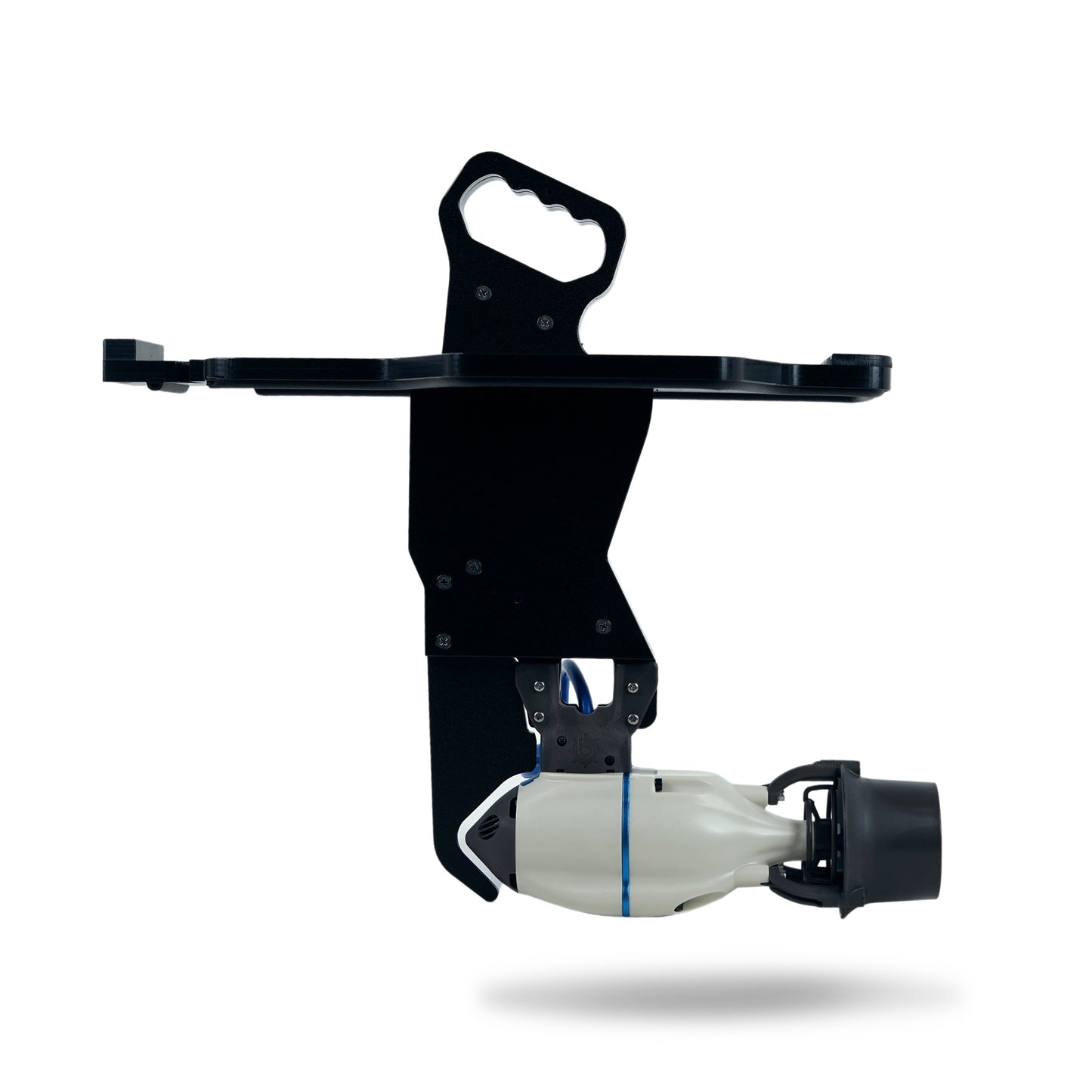White Bixpy Jet electric motor attached to its black control handle adapter with a blue cable and connectors, on a white background.