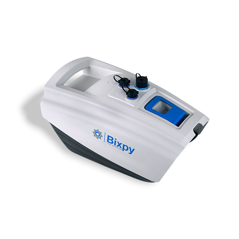 White and black Bixpy electric motor battery pack with integrated handle and blue accented power ports, on a white background.