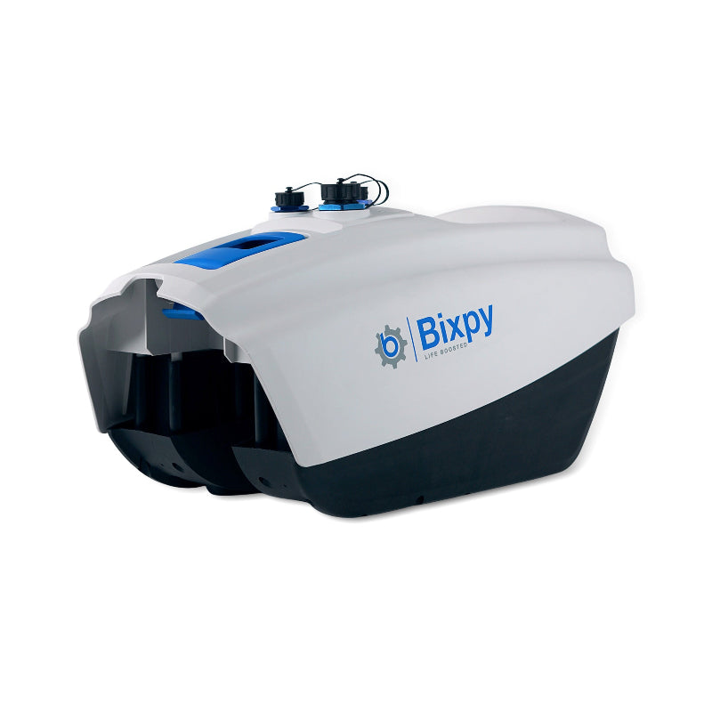 White and black Bixpy electric motor battery pack with blue accents on a white background.