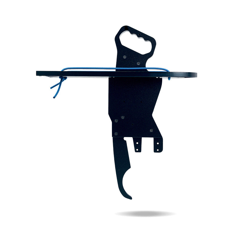 Black Bixpy Jet electric boat motor control handle adapter with a blue bungee cord, on a white background.