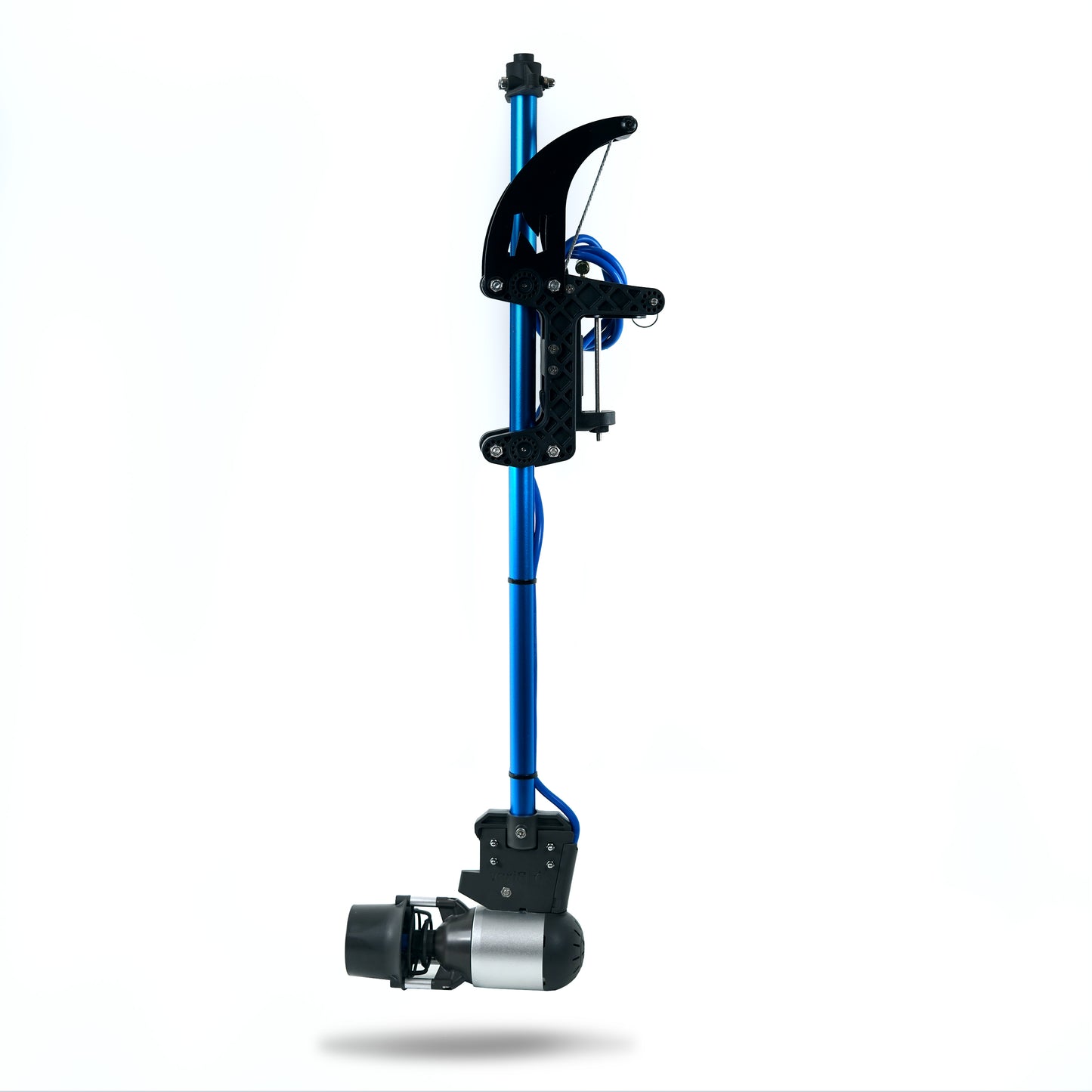 Complete Bixpy pole mount adapter system with a Bixpy K-1 motor attached to its blue vertical pole and black clamps, on a white background.