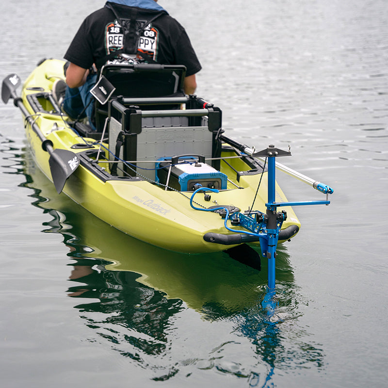Kayak angler using a Bixpy Jet Motor and Power-Pole anchor system.