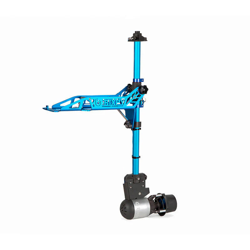 Bixpy Universal Trolling Motor Mount: Blue aluminum frame with adjustable height and tilt.