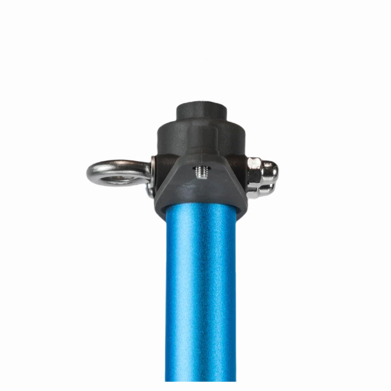 Close-up of the Bixpy Universal Trolling Motor Mount: Attachment point and blue aluminum shaft.