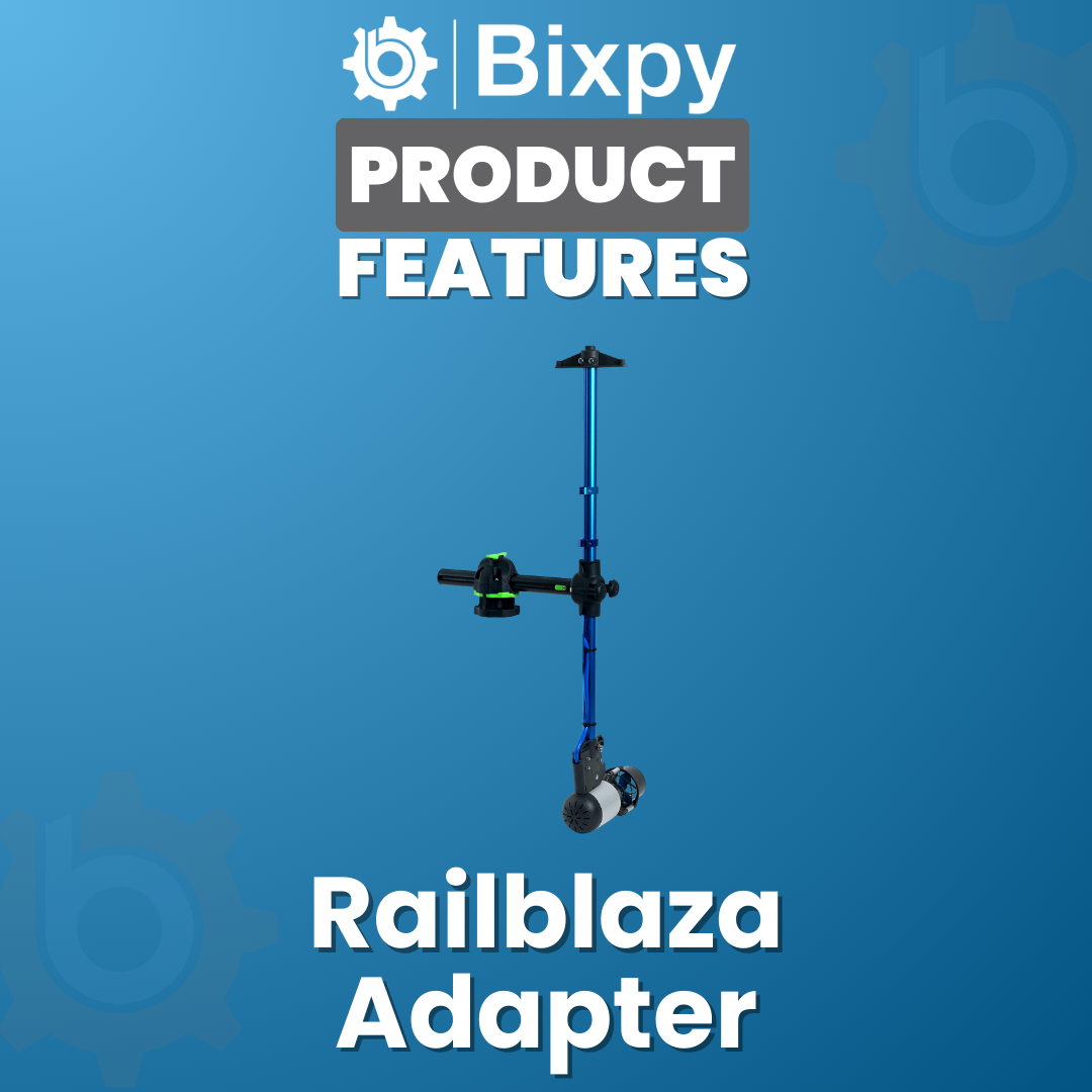 Video introducing the Bixpy-Railblaza adapter, demonstrating its installation on T-tracks and flat surfaces, highlighting adjustable height, stowaway option, and compatibility with tiller and pulse steering.