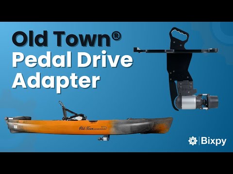 Video showcasing a new pedal drive adapter for Old Town kayaks, demonstrating how to motorize models like the Sportsman and Top Water 106 and 120 PDL, and highlighting two battery options.