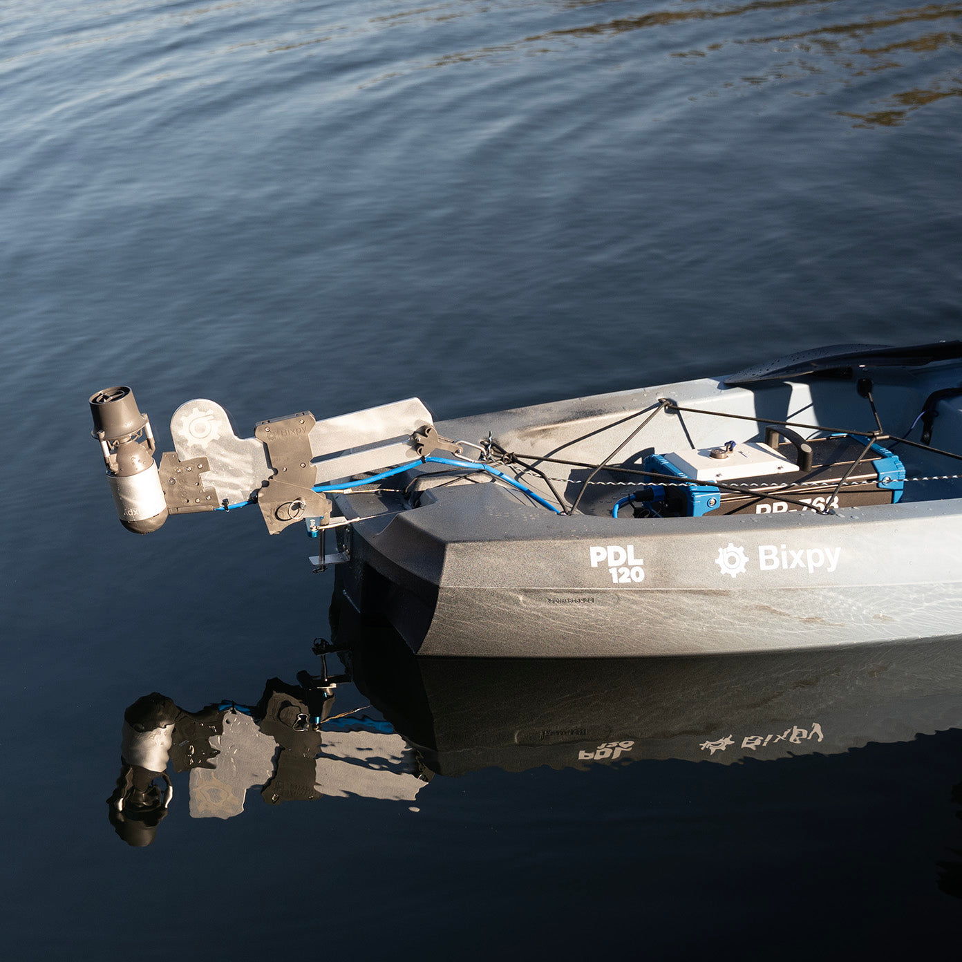 Bixpy Simple Gudgeon installed on the stern of a small boat, ready to support a rudder or motor adapter.