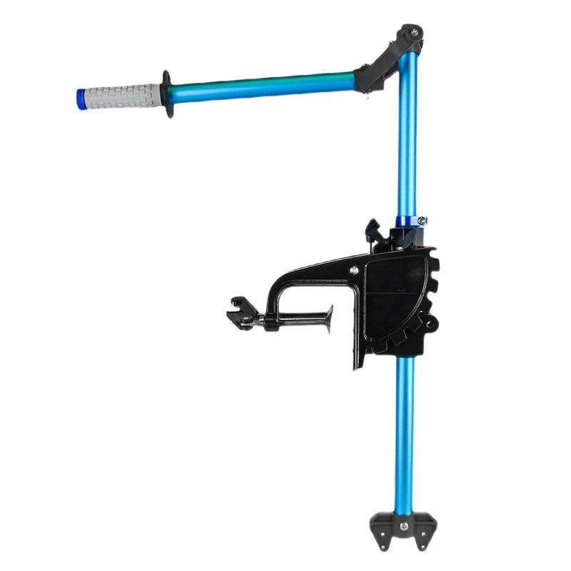 Blue and black Bixpy universal transom mount for electric motors, featuring an adjustable clamp and tiller-style steering handle.