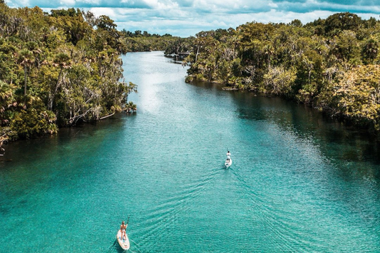 Two people use SUPs to explore backwaters with Bixpy motors