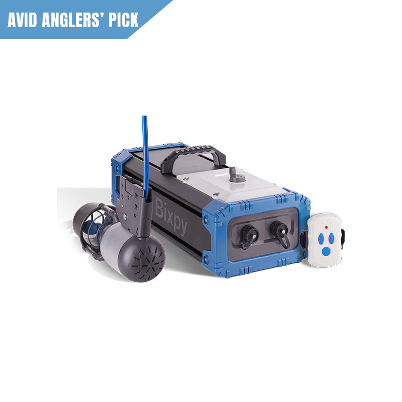 Bixpy ELECTRIC MOTOR KIT  with remote control on a white background, labeled 'Avid Anglers' Pick'.