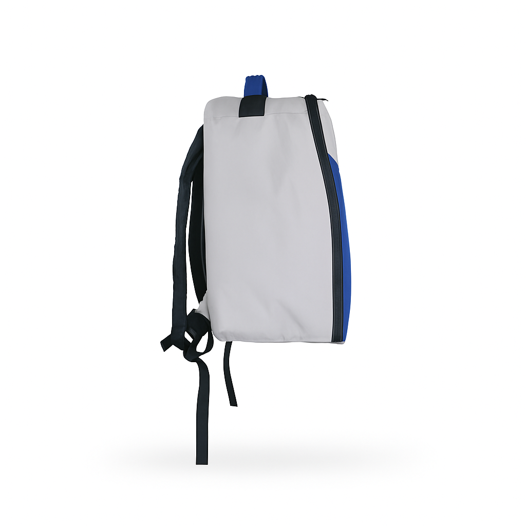 Gray backpack with blue accents on a white background