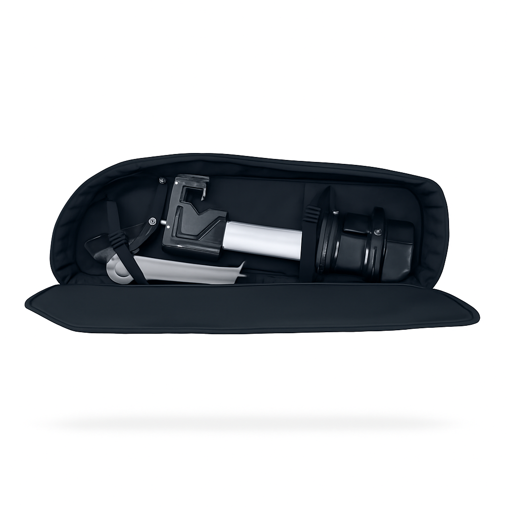 Black carrying case with a white and black device inside on a white background