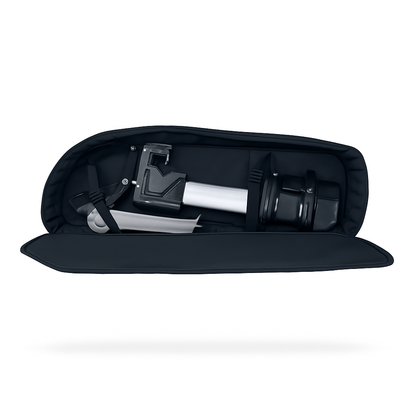 Black carrying case with a white and black device inside on a white background