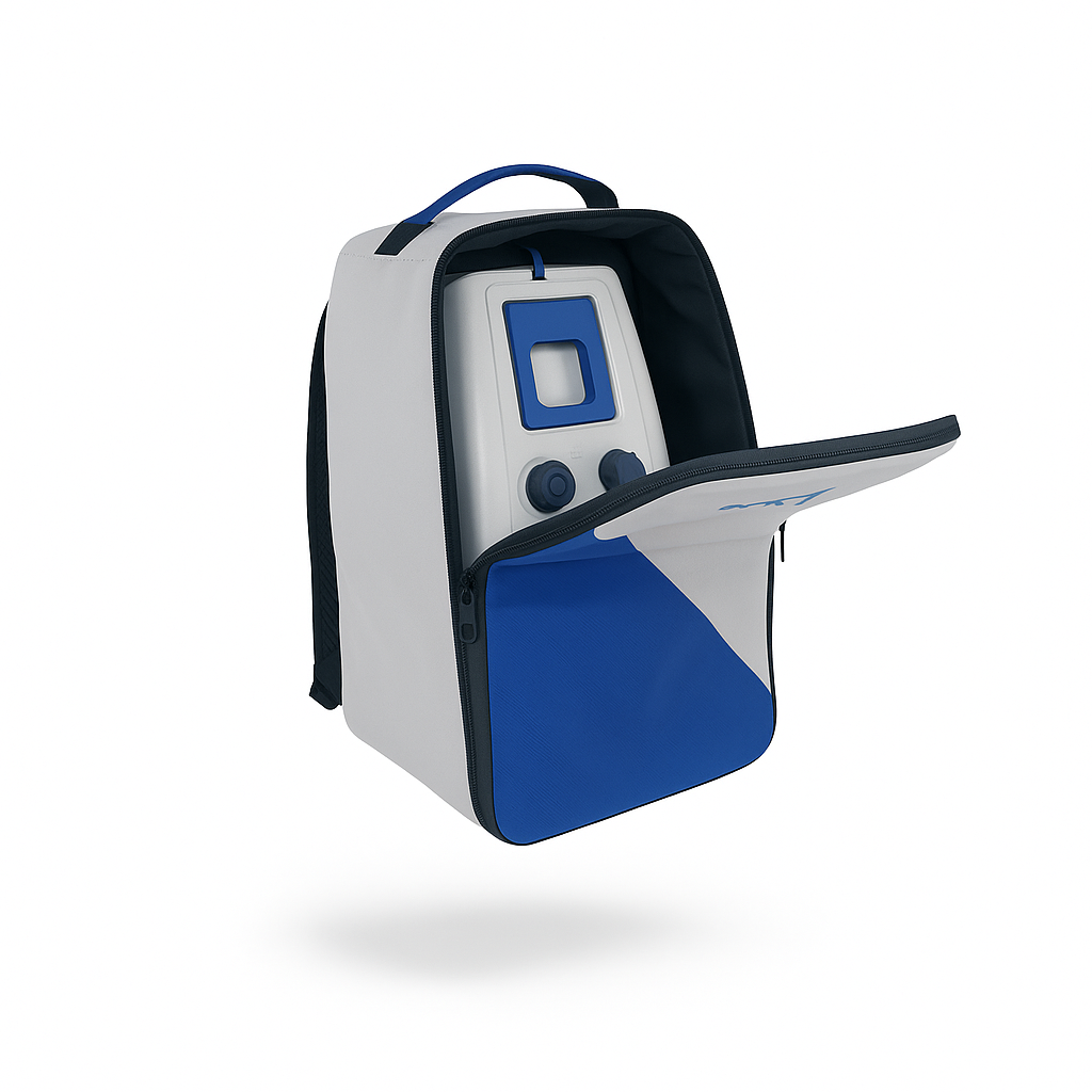 Backpack with a white and blue battery on a white background