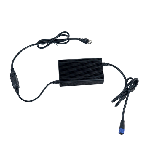 Black power adapter with cables on a white background.
