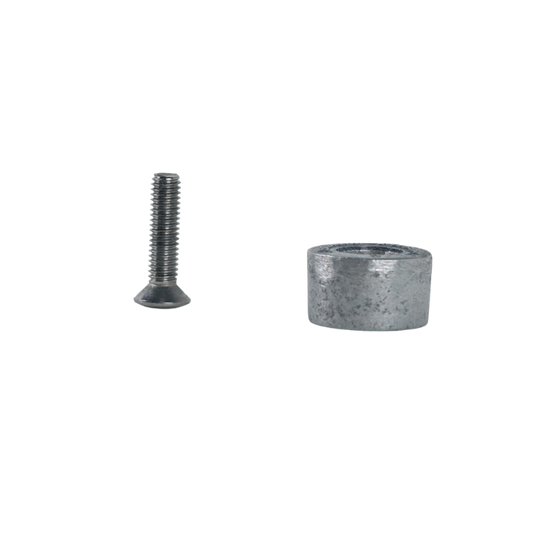Silver metal bolt and cylindrical spacer, cutout image.
