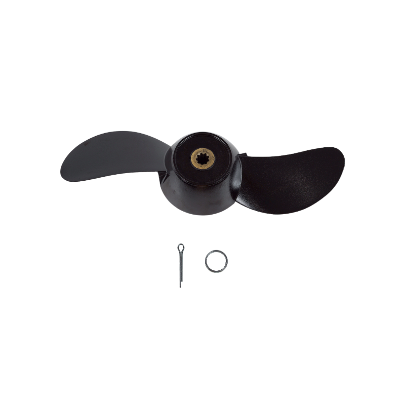 Black two-bladed Bixpy propeller with a brass hub, shown with a cotter pin and ring, cutout image.