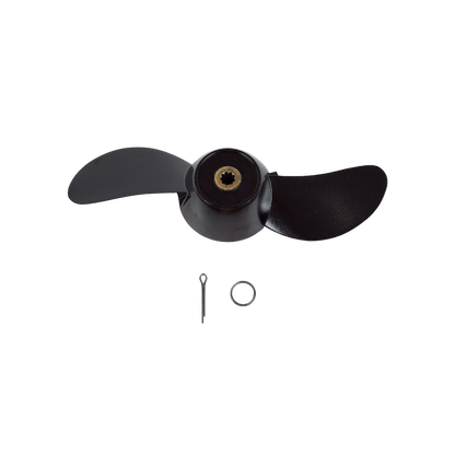 Black two-bladed Bixpy propeller with a brass hub, shown with a cotter pin and ring, cutout image.