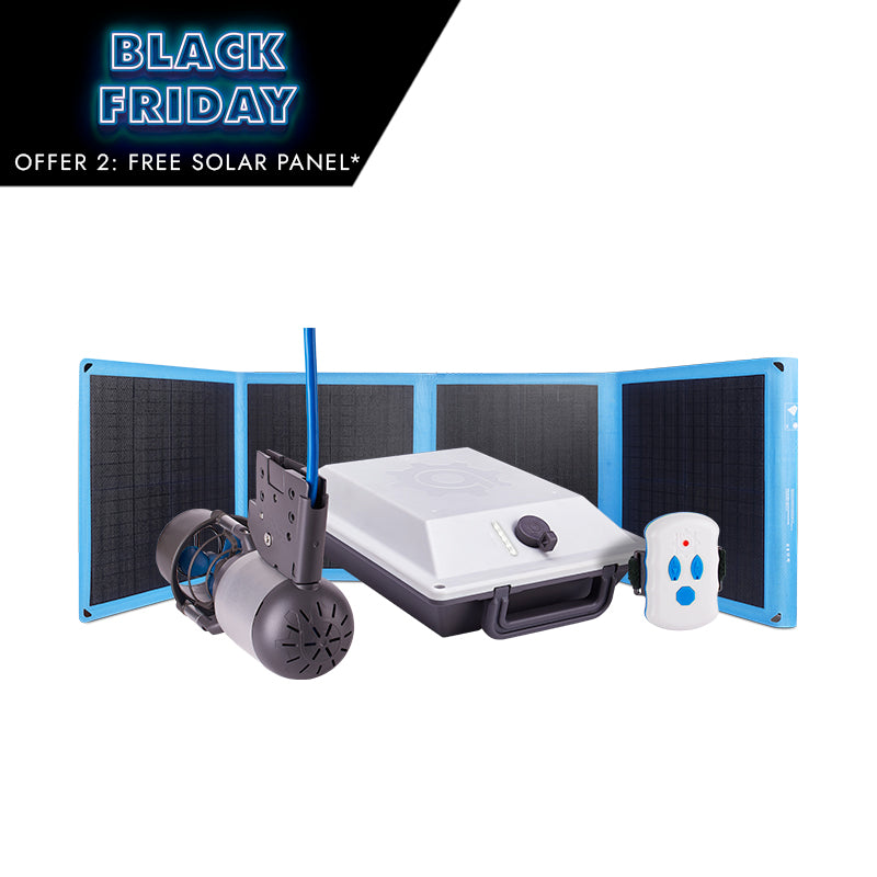 Bixpy K-1 outboard kit with solar panel and remote control on a white background, featuring Black Friday offer text.