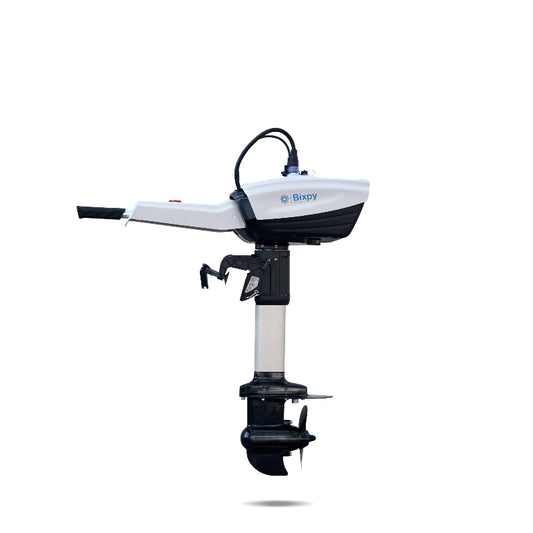 Short black Bixpy electric outboard motor kit with a white shaft, tiller handle, and propeller, on a white background.