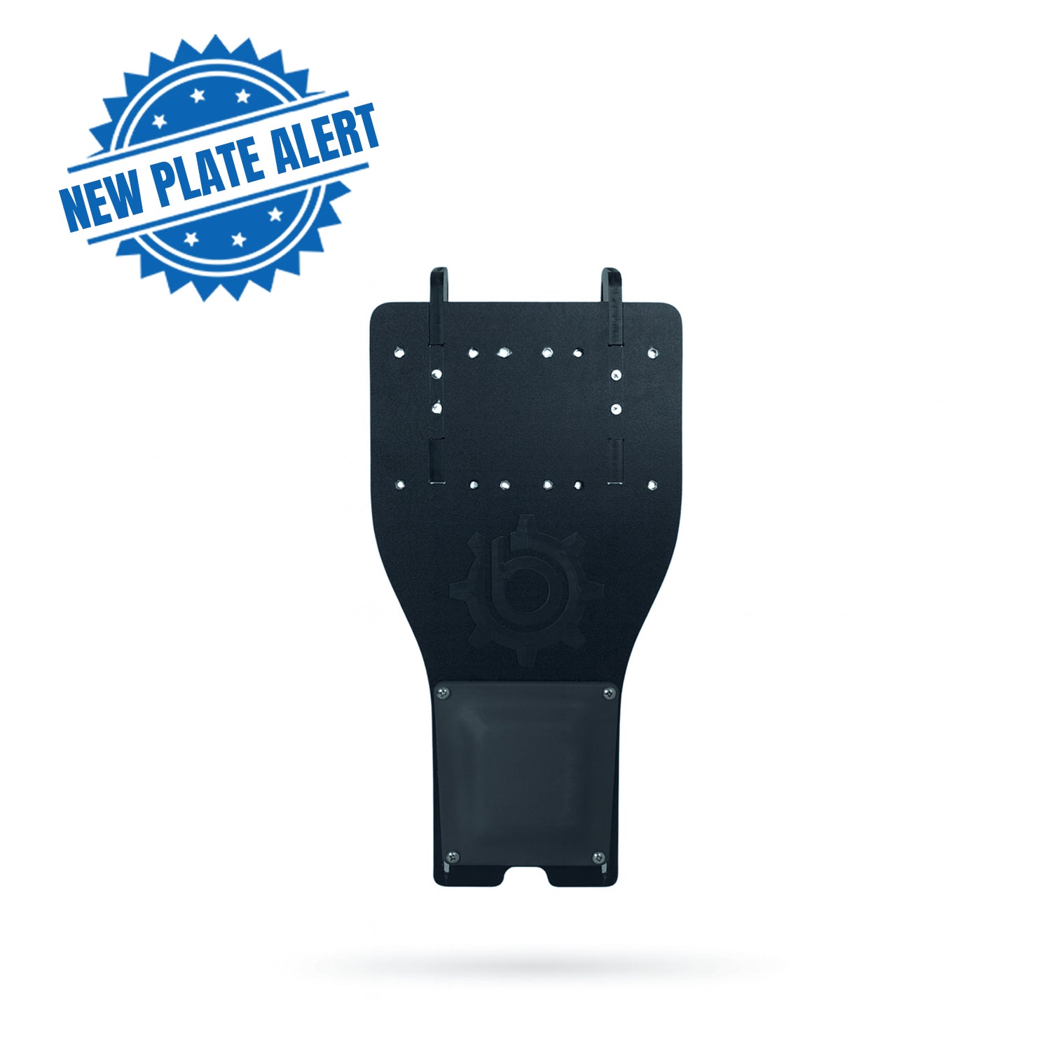 A Bixpy Hobie Pro Angler Triple Mount Plate shown against a white background. The black mounting plate has multiple pre-drilled holes for attachments and features the Bixpy logo embossed in the center. A blue badge in the top left corner reads “New Plate Alert".
